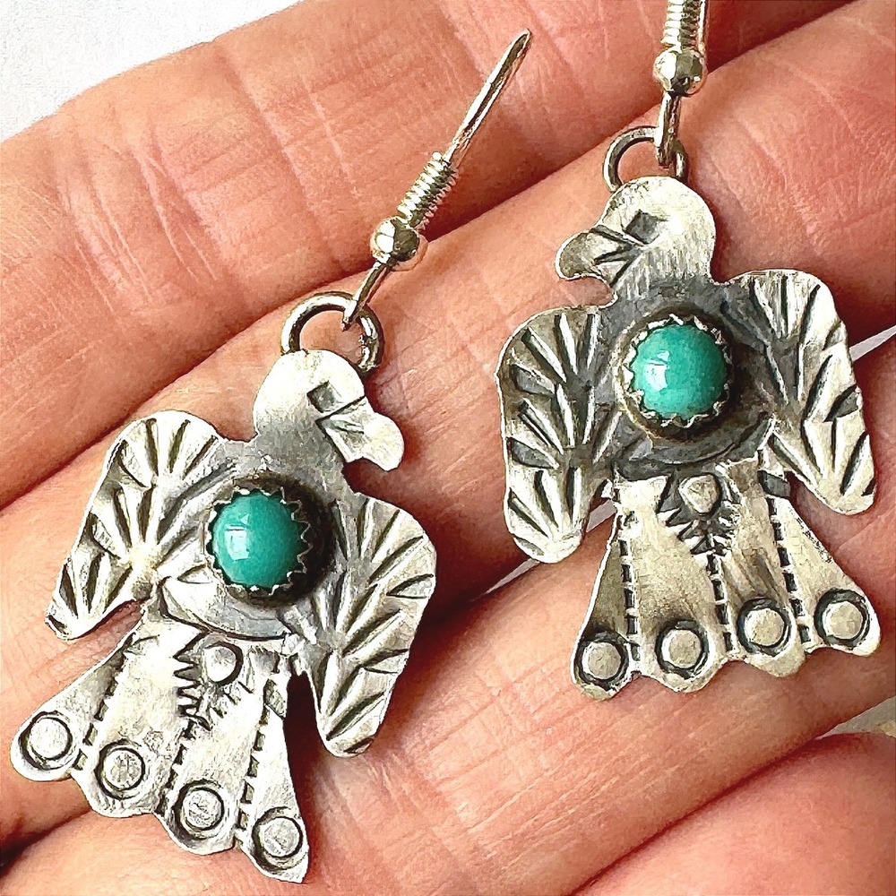 Navajo Thunderbird Earrings Turquoise 1.5in Yazzie Stamped Dangle Matte Sterling
